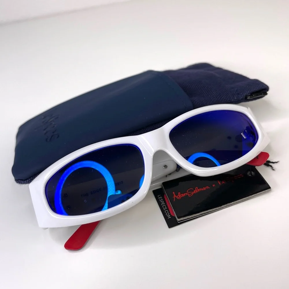 LE SPECS Adam Selman The Edge Sunglasses NEW White WIth Blue Mirror Lenses